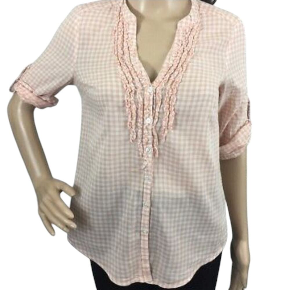 LC Lauren Conrad Pink Gingham Blouse V-Neck Ruffled Button Down Shirt medium